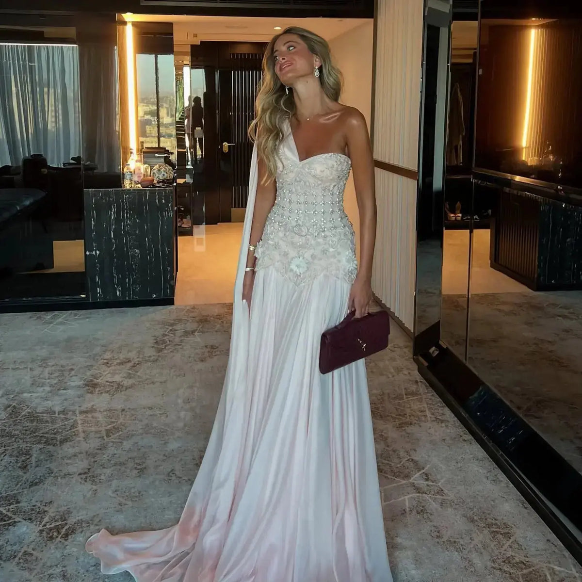 Luxury Blush Pink Beaded 3D Floral One-Shoulder Cape Evening Dress SS285 
