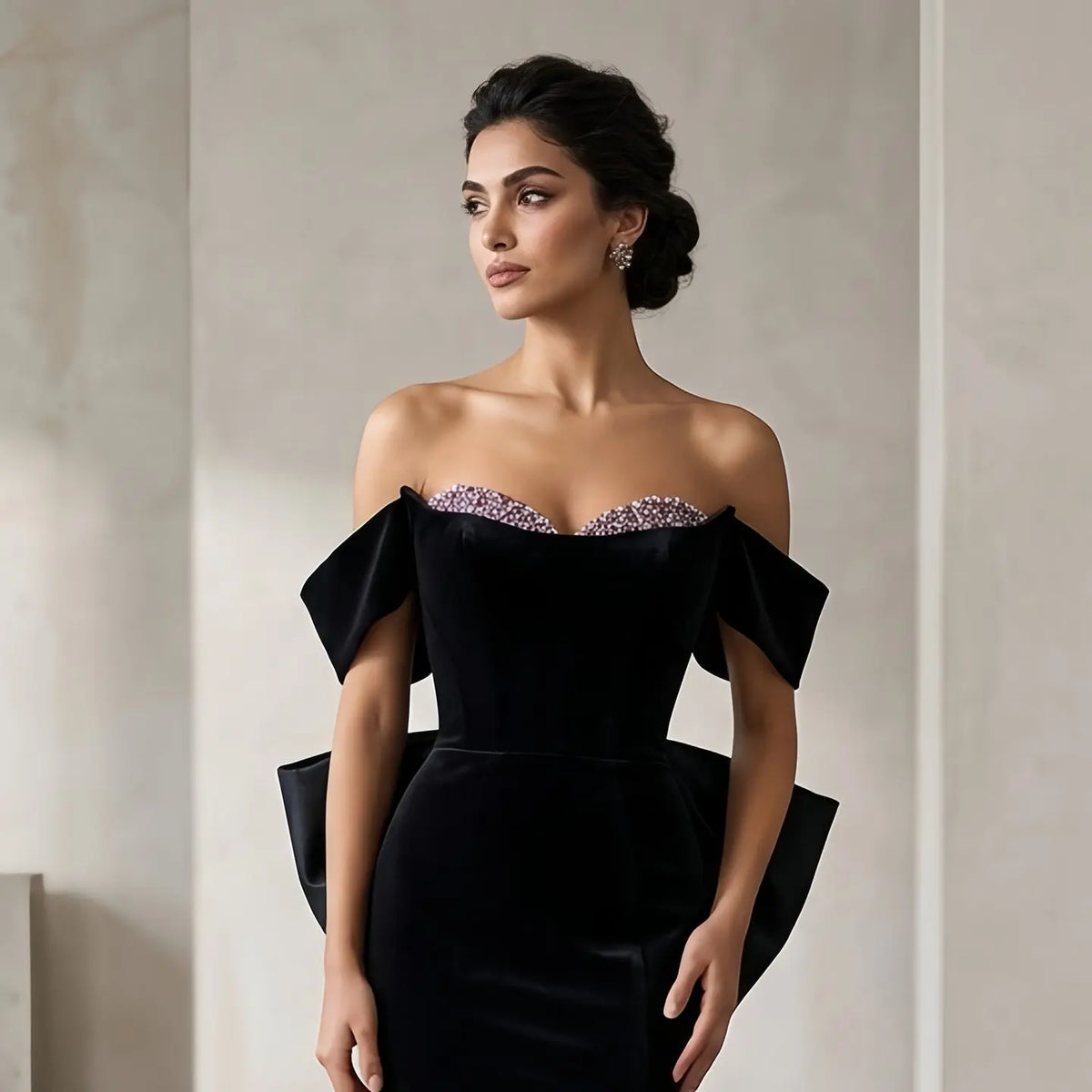Luxury Black Velvet Beaded Fitted Train Evening Dress with Bow SS739 