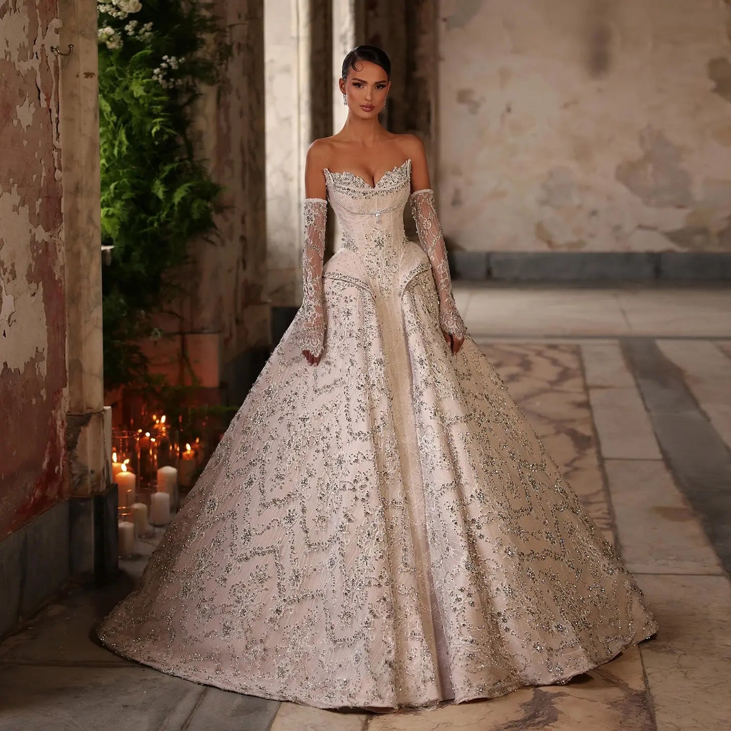 slim fit dress slacks Classy Strapless Lace Gold Wedding Dress Ball Gown Wedding Dress main image 0