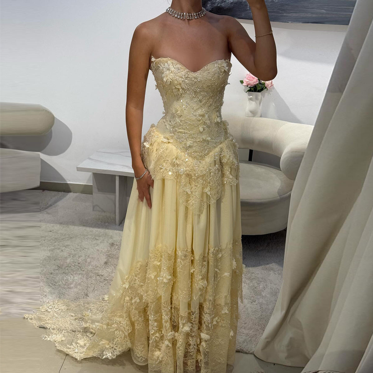 Elegant Light Yellow 3D Floral Strapless Evening Dress with Overskirt SS654 
