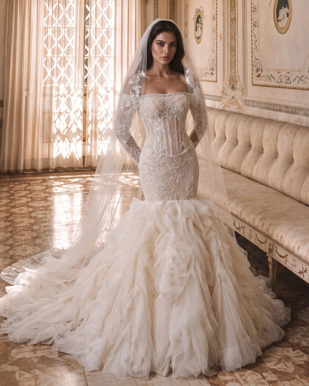 Off White Long Sleeve Lace Mermaid Wedding Dress-1