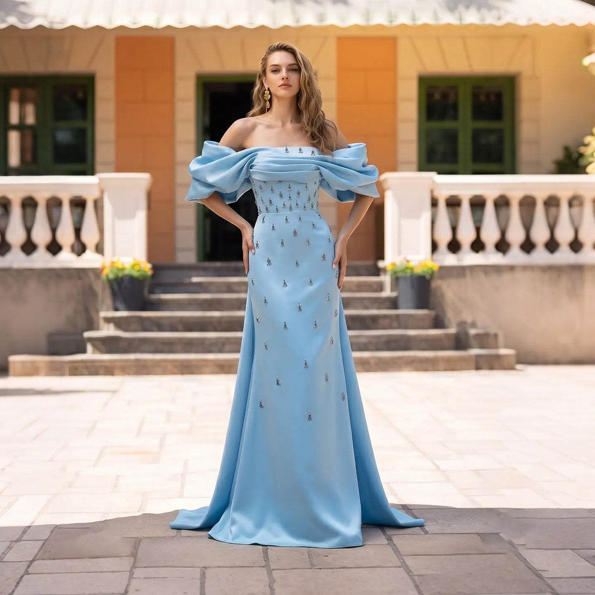 Luxury Rhinestone Blue Off Shoulder Evening Dress SS500