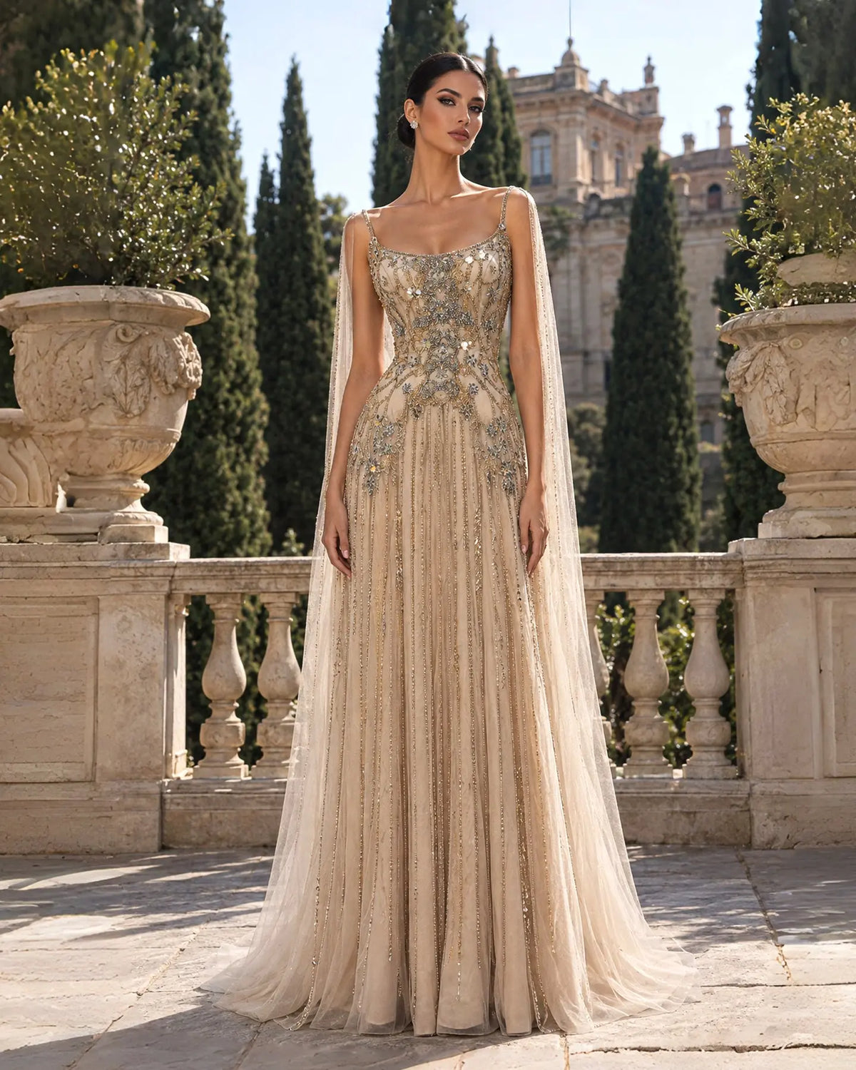 Champagne Beaded Cape Sleeve Mermaid Dress SS538