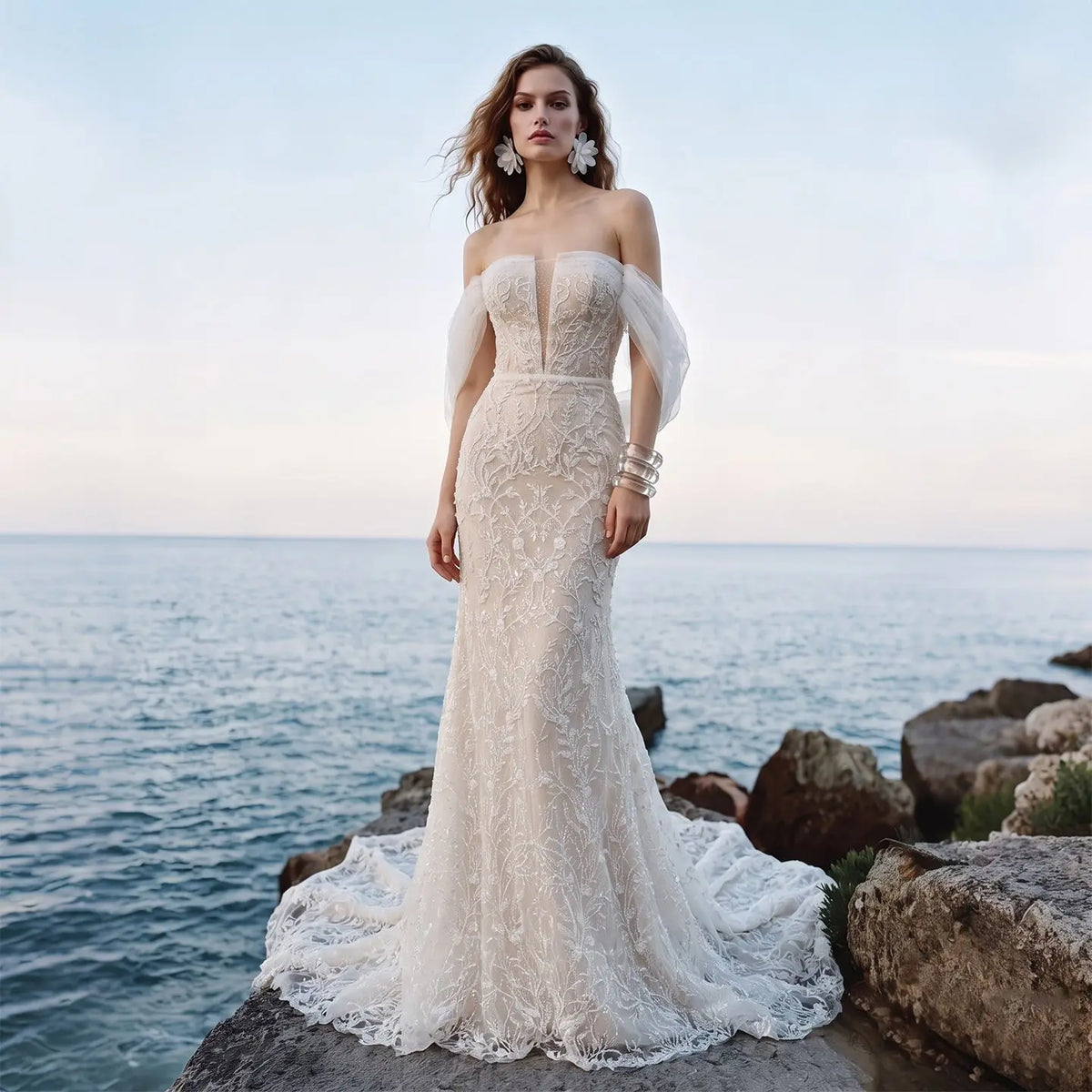White Nude Lace Mermaid Wedding Dress Luxury Beaded Sequins Tulle Gloves SW161
