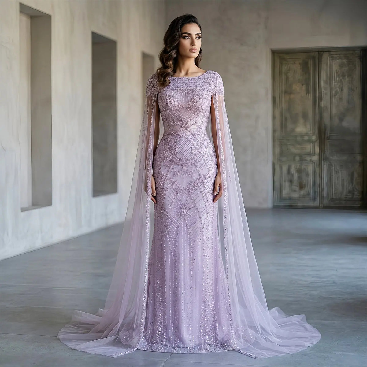 Glamorous Lilac Beaded Tulle Evening Dress with Cape Sleeve SS019