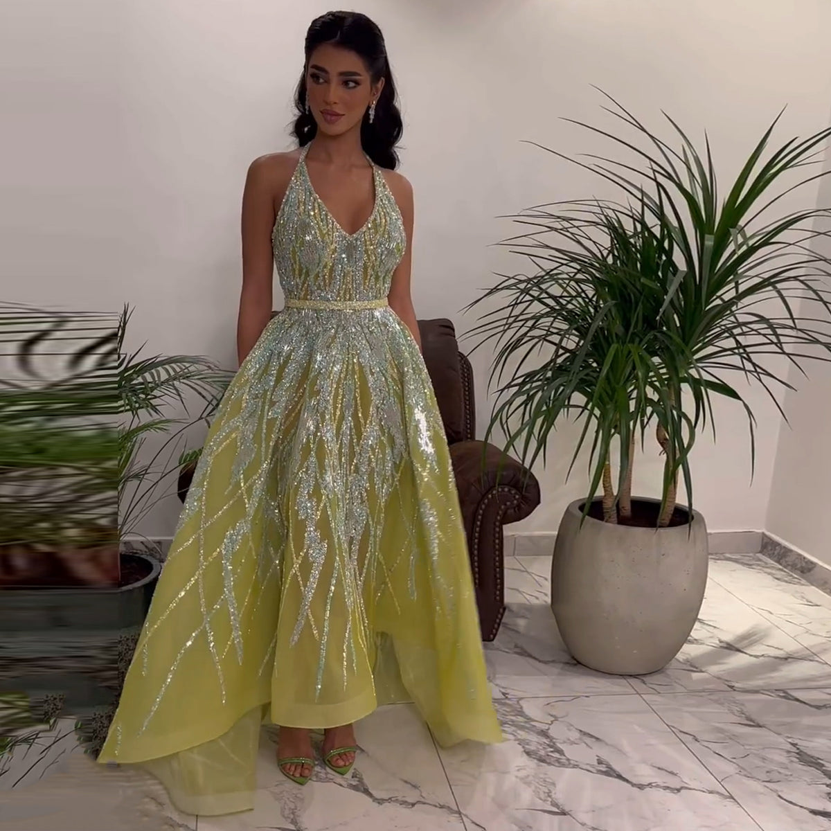 Sharon Said Luxurious Beaded Lemon Green Arabic Evening Dresses with Halter High Low Dubai Women Wedding Party Gowns SS472