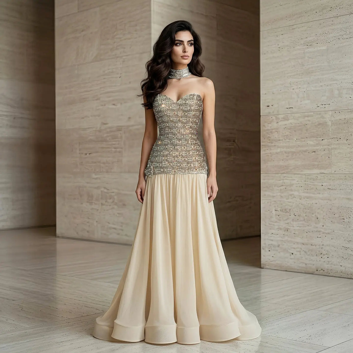 Opulent Gold Strapless Beaded Corset Evening Dress with Choker SS504 – SHARONSAID