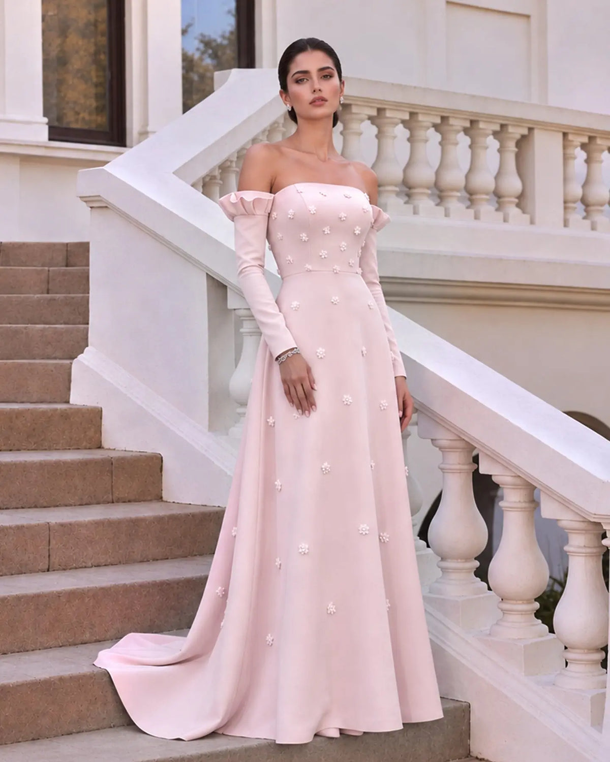 Elegant Strapless 3D Floral Beaded Pink Evening Dress SS540