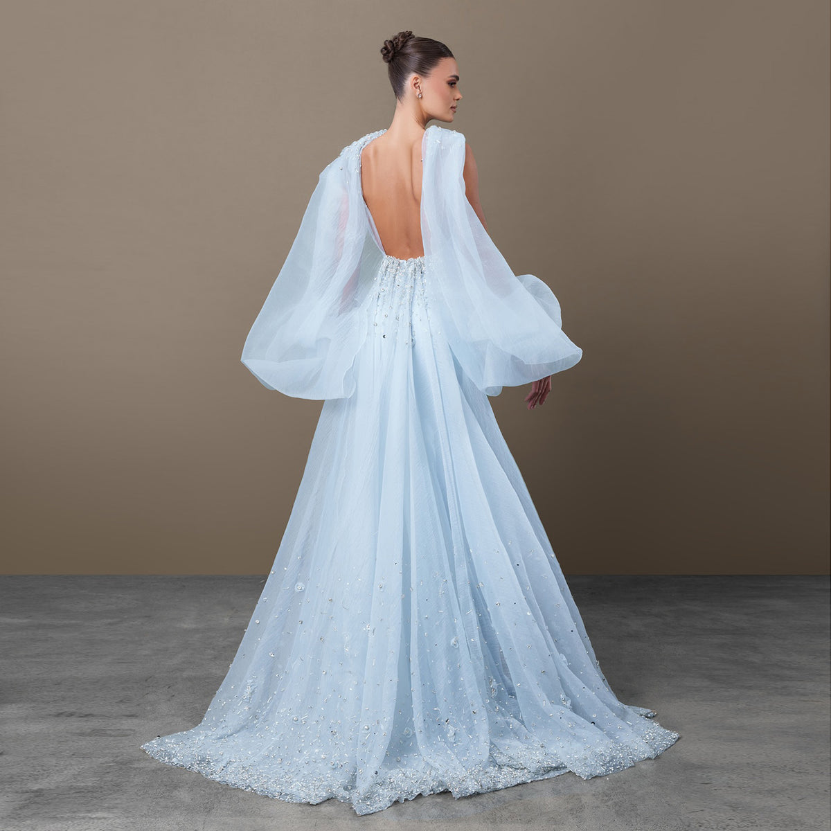 Elegant Light Blue Crystal Evening Dress with Puff Sleeves and Cape SS261 