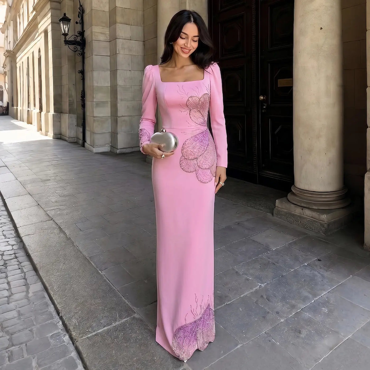 Elegant Pink Butterfly Beaded Long Sleeves Evening Dress SS262