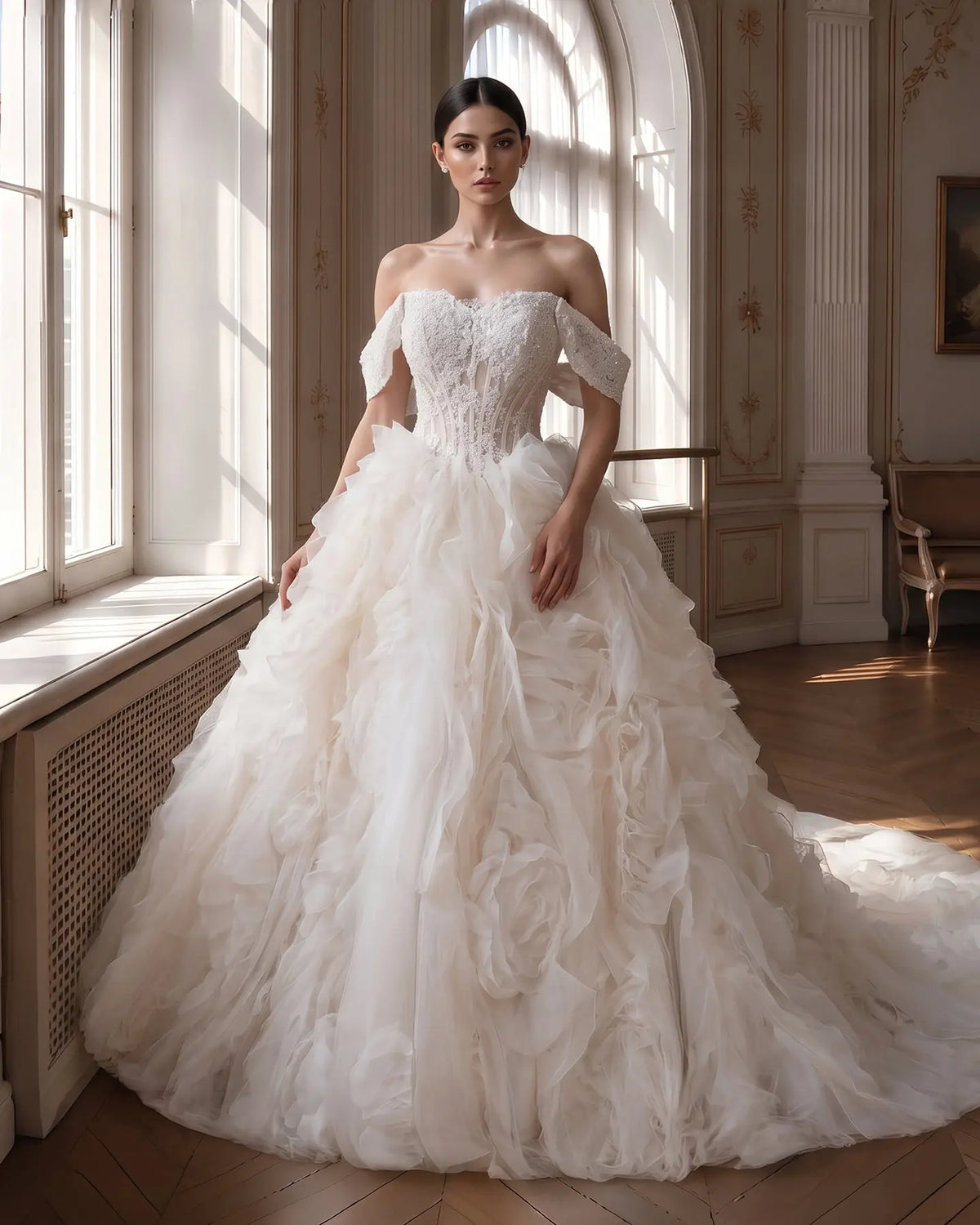 Off White Lace Corset Tiered Ruffle Tulle Wedding Dress-1