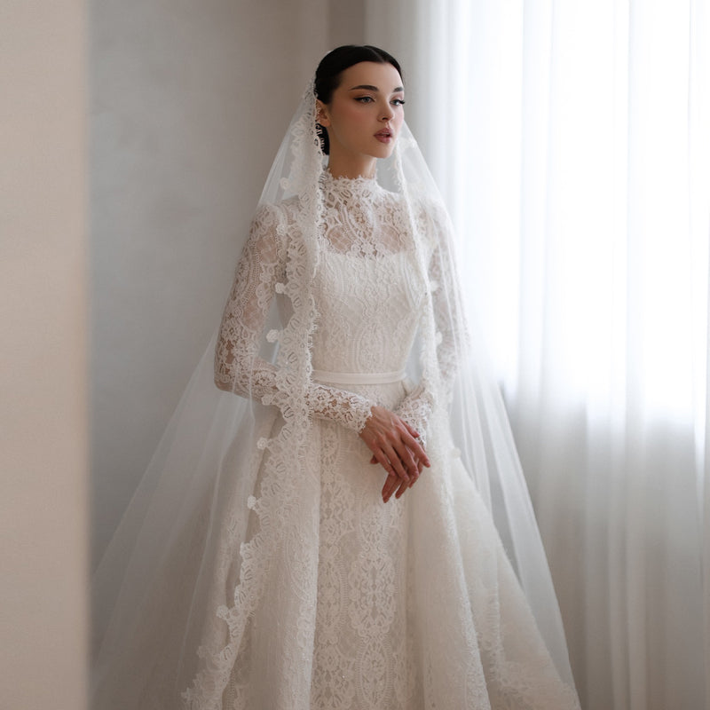 Luxury High Neck Lace Wedding Dress with Overskirt SW541 
