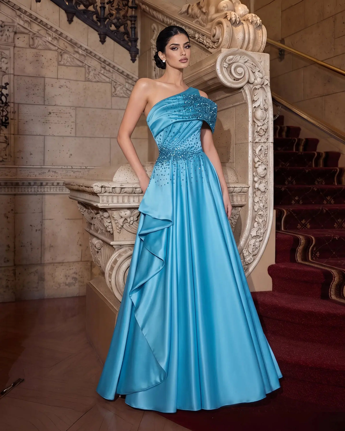 Blue One Shoulder Sequins Satin Evening Gown XD043-1