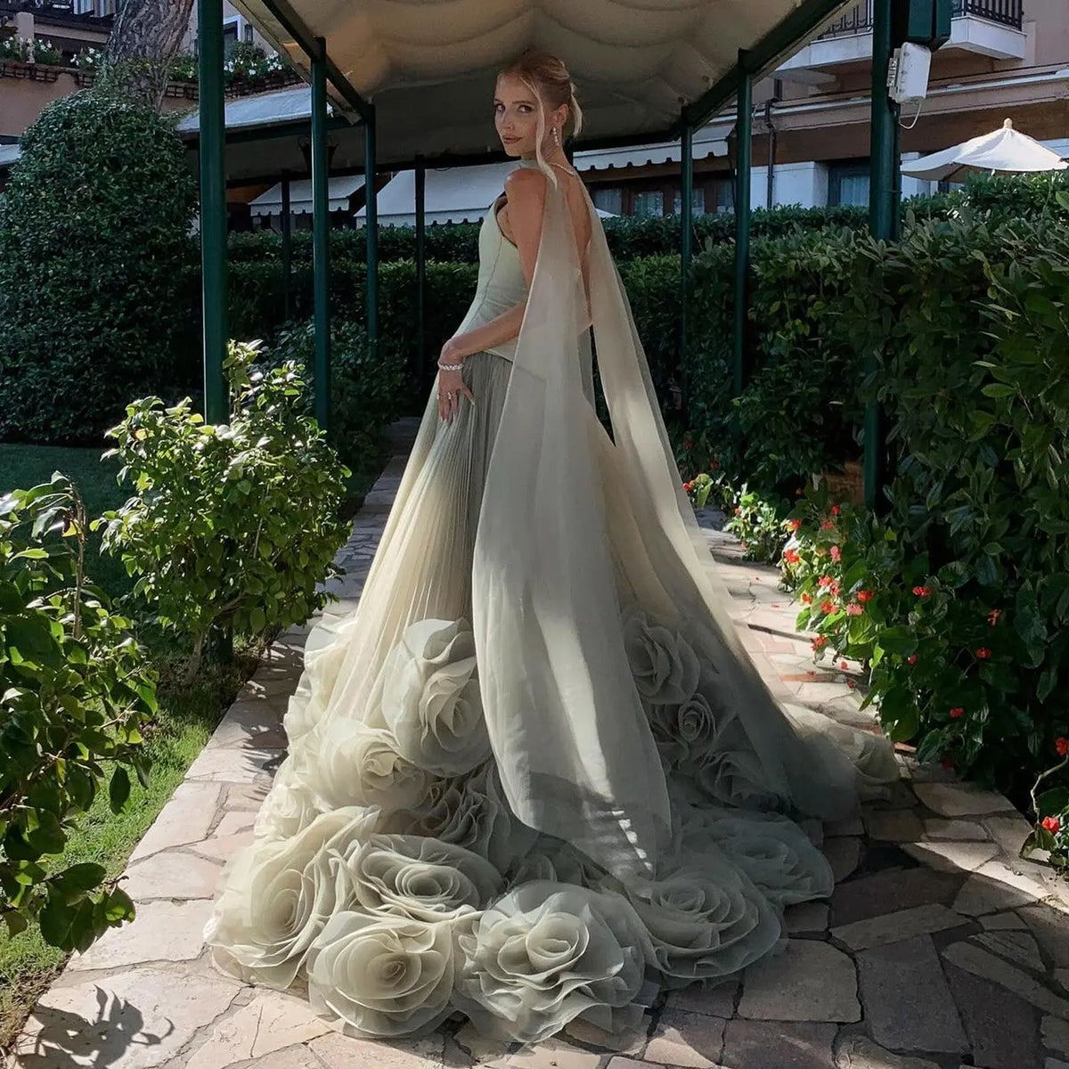 Mint Green Tulle Evening Dress with Cape SF300