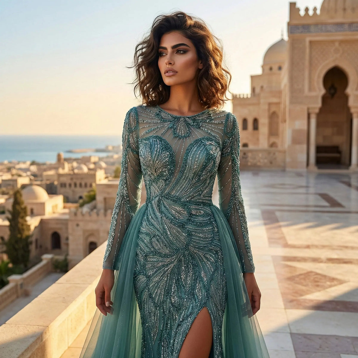 Luxury Green Beaded High-Slit Evening Dress with Overskirt SS160 