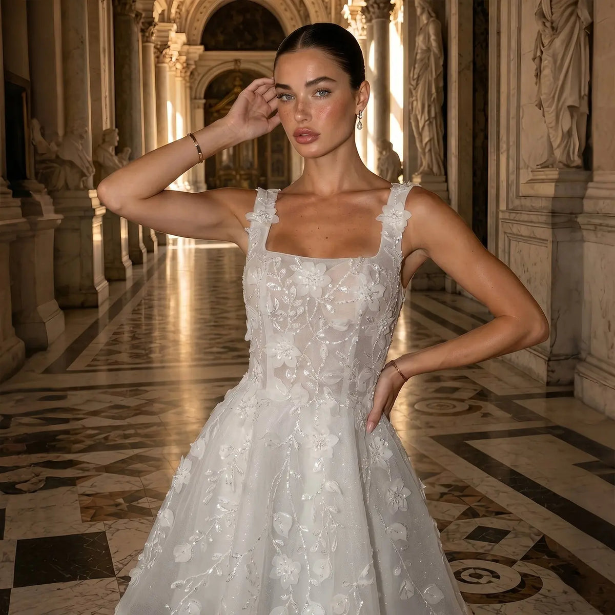 Luxury White 3D Floral Appliqué Short Wedding Dress with Sparkle Tulle SW722 Luxury White 3D Floral Appliqué Short Wedding Dress with Sparkle Tulle SW722