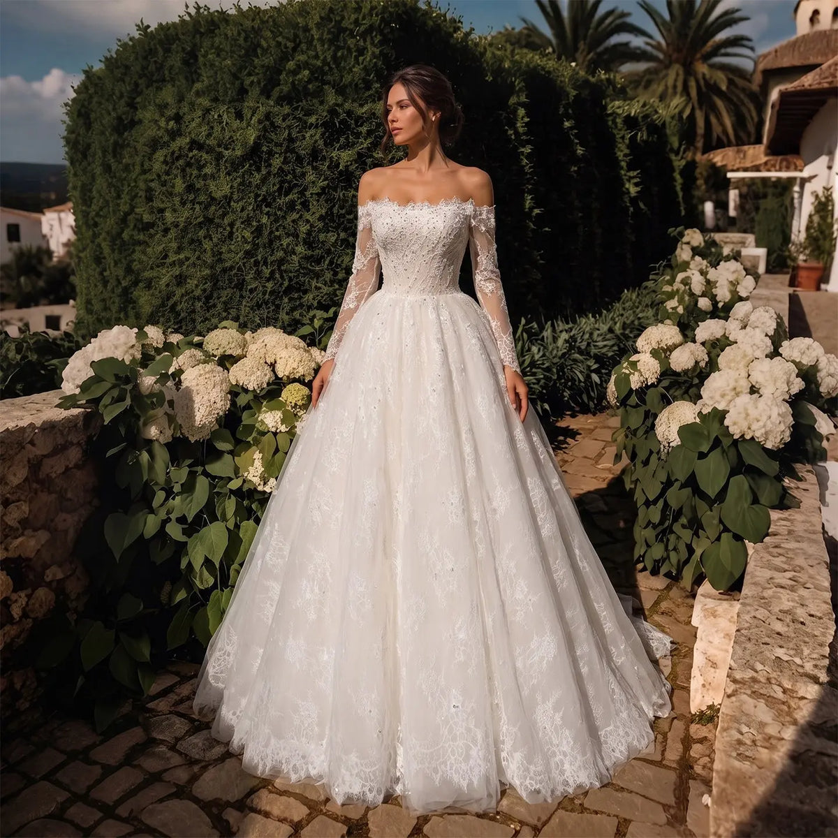 White Off the Shoulder Lace Tulle Ball Gown SW679