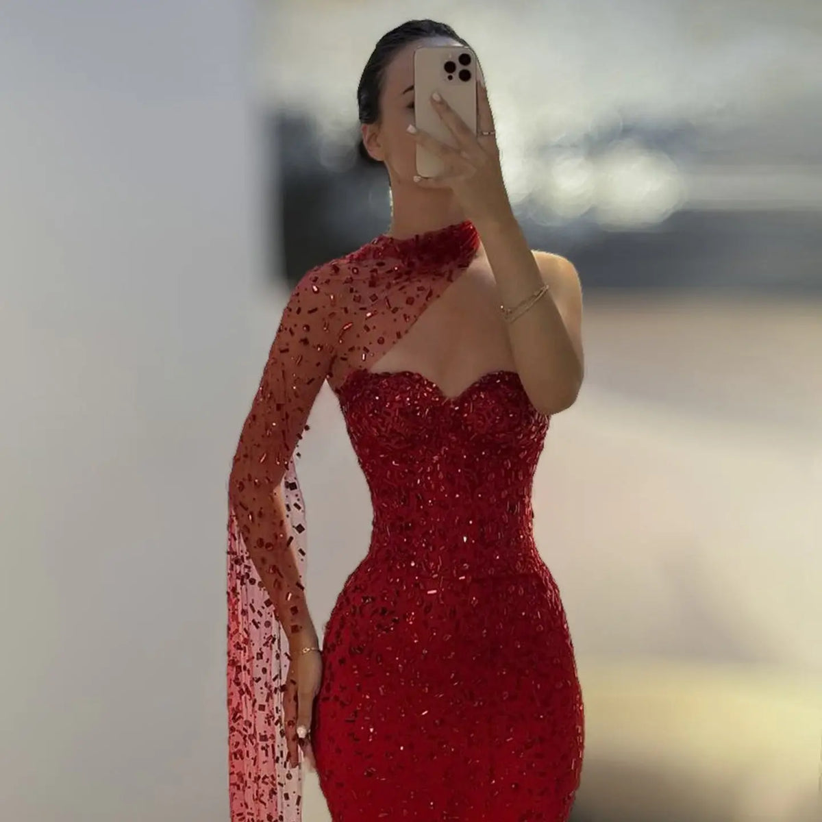 Glamorous Red Sheer Mesh Crystal Beaded Mermaid Evening Dress with Cape SS711 