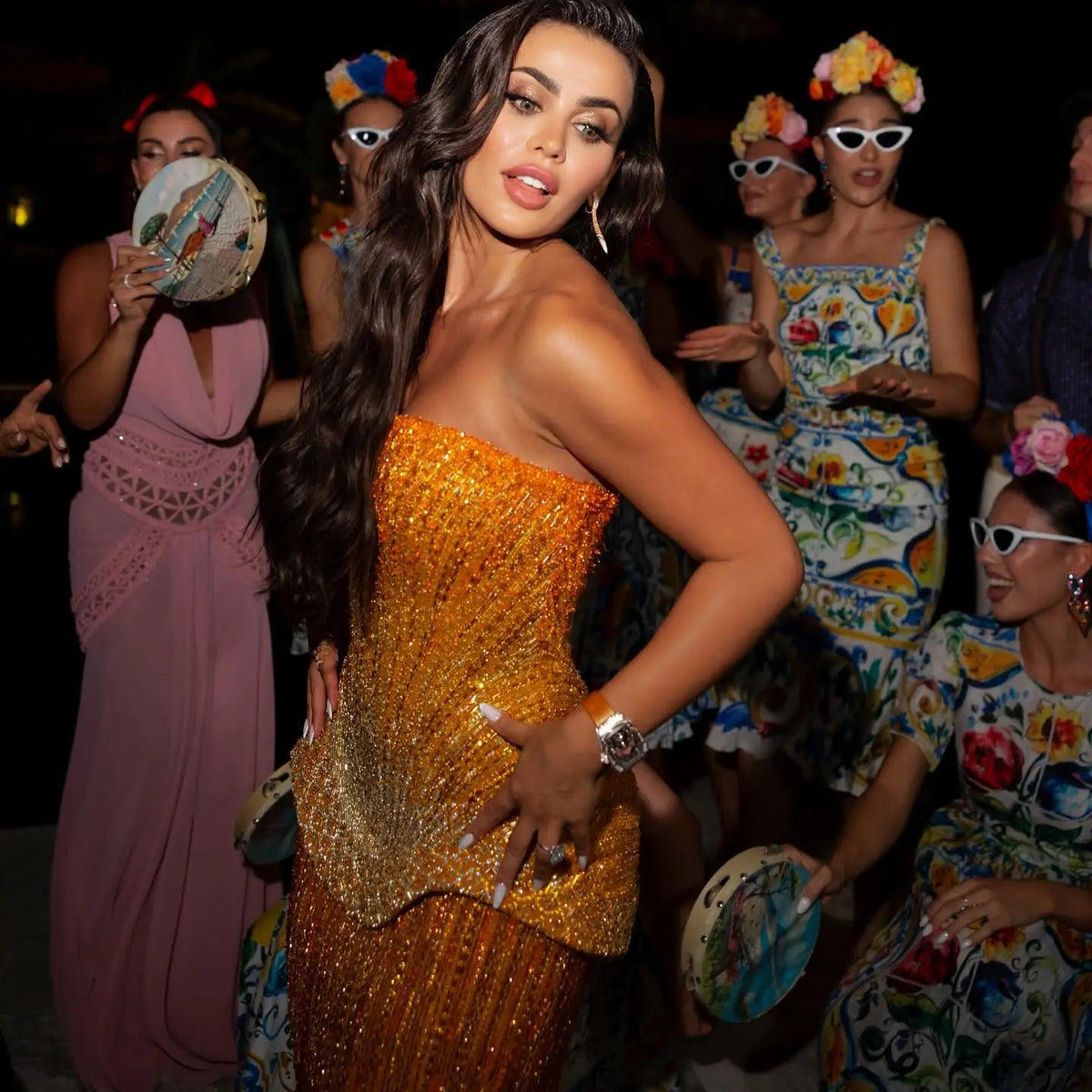 Glamorous Orange Sequin Strapless Peplum Evening Dress with Scarf SS560 