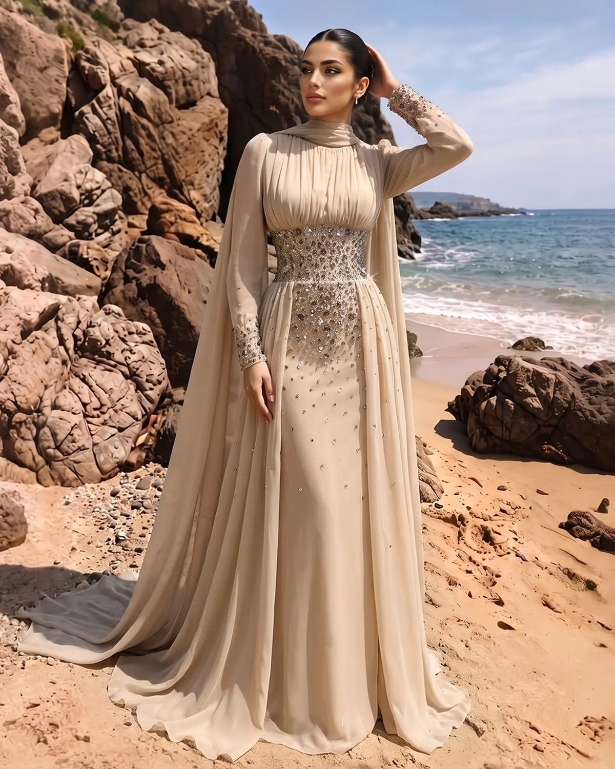 Champagne Beaded Crystal Evening Dress SS533