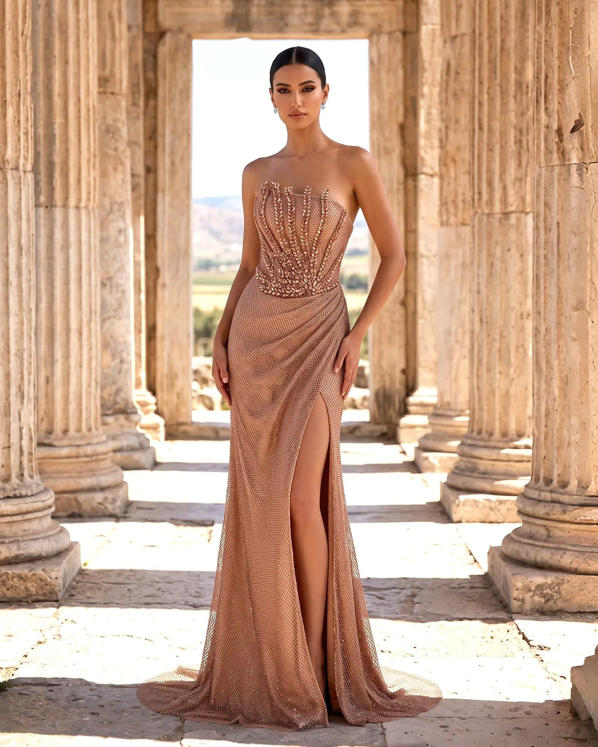 Sparkly Crystal Caramel Strapless Evening Dress SS528