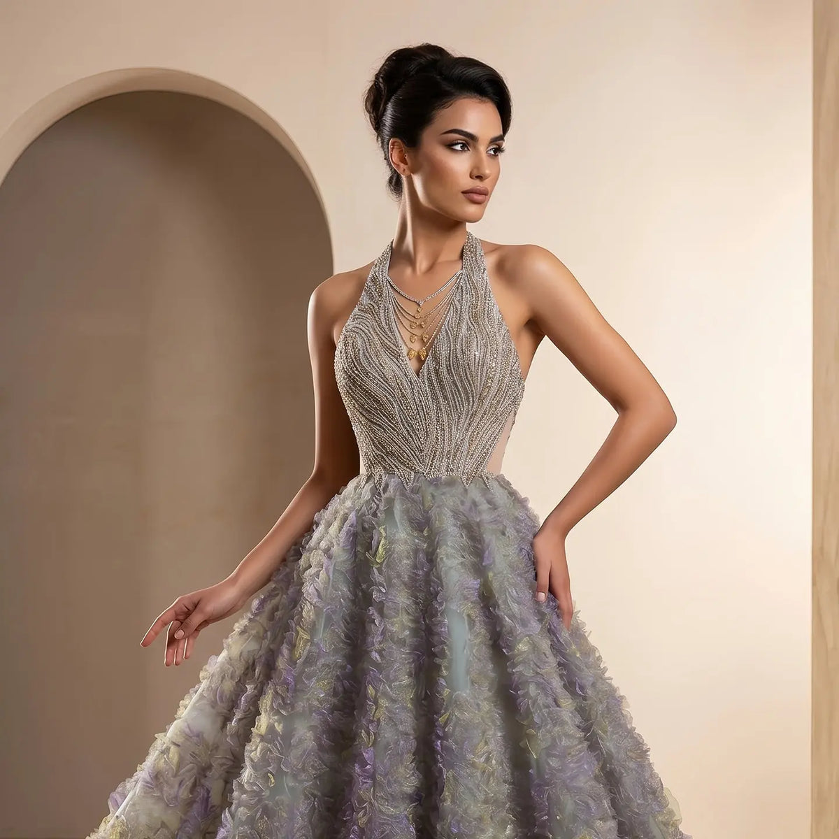 Luxury Gray Green Gradient Beaded Spaghetti Strap Evening Dress SS735