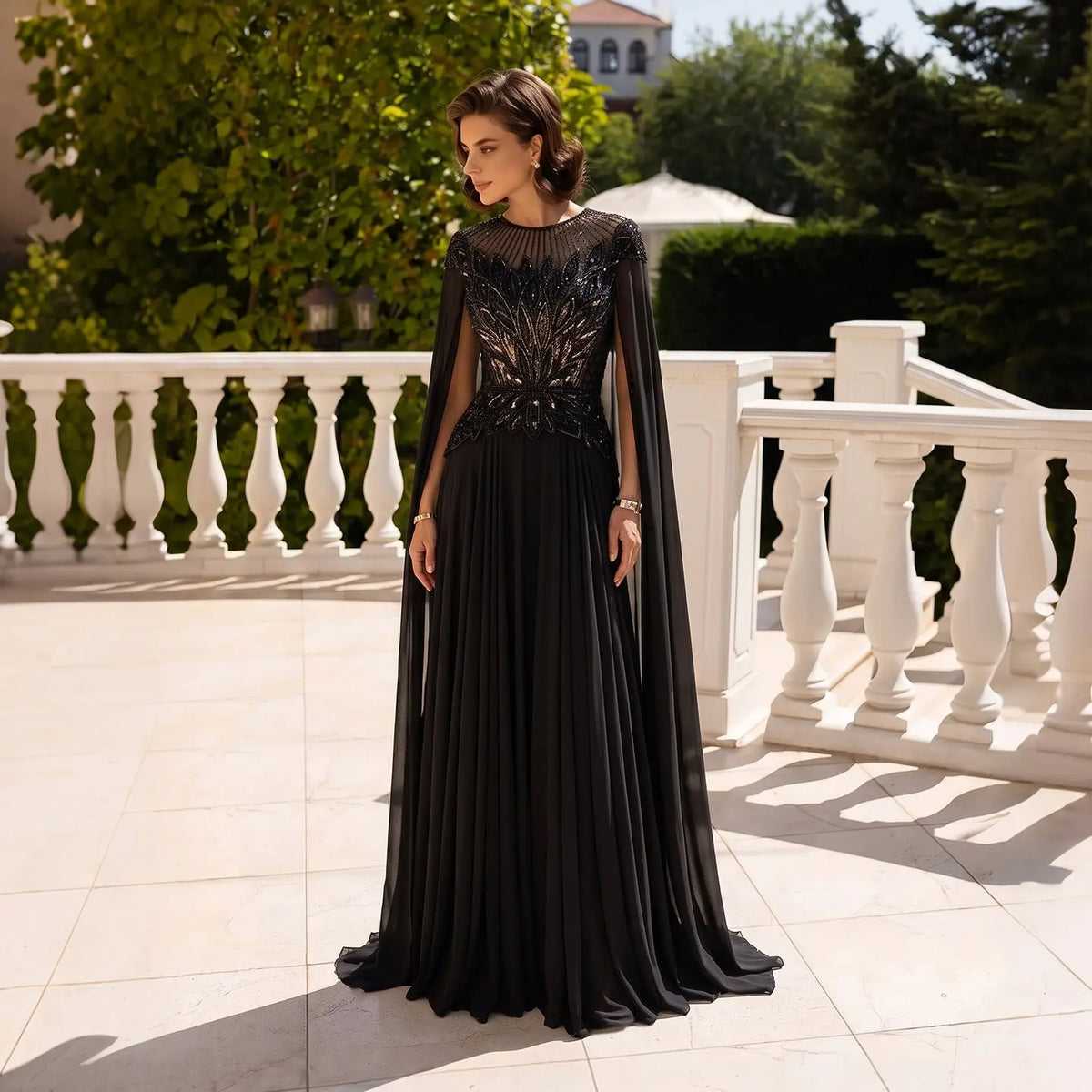 Black Sequin Cape Sleeve Pleated Tull Evening Dress SS104