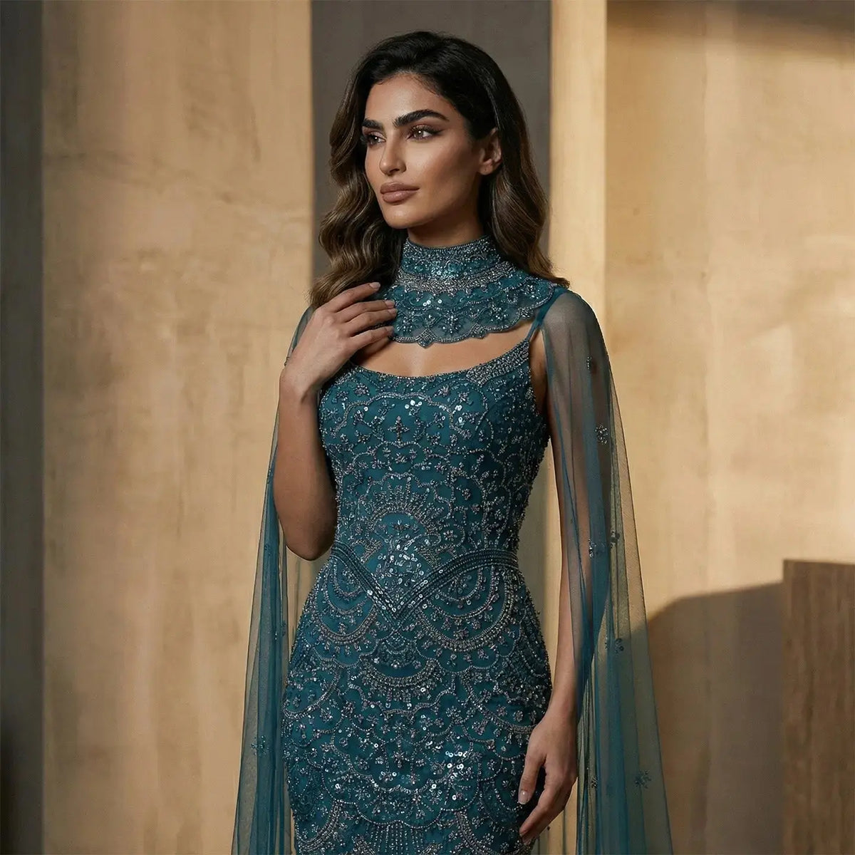 Luxury Teal Beaded Halter Neck Cape Mermaid Evening Dress SS028 Luxury Teal Beaded Halter Neck Cape Mermaid Evening Dress SS028