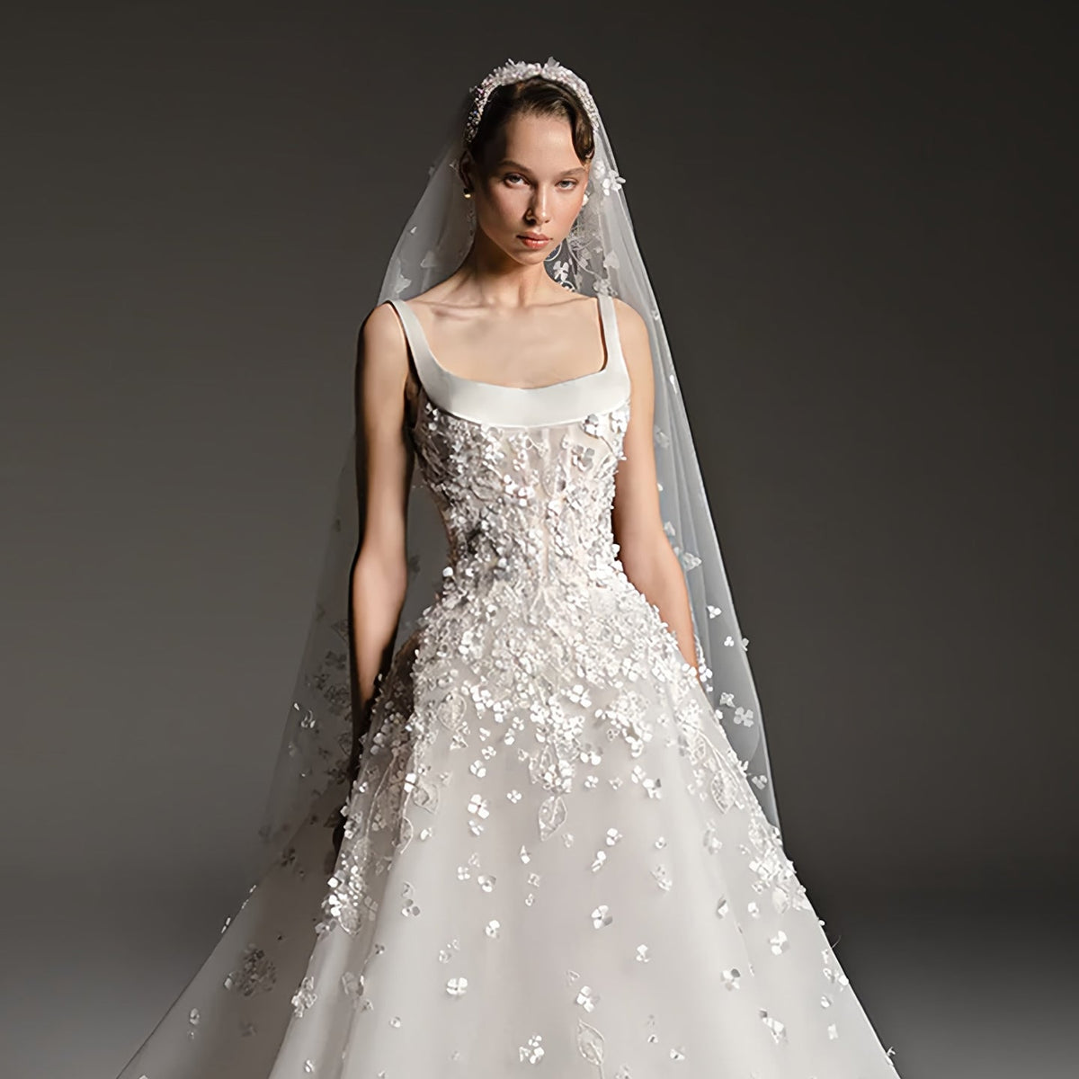 Luxury Square Neck Beaded Floral Lace Ball Gown Wedding Dress with Veil SW666 