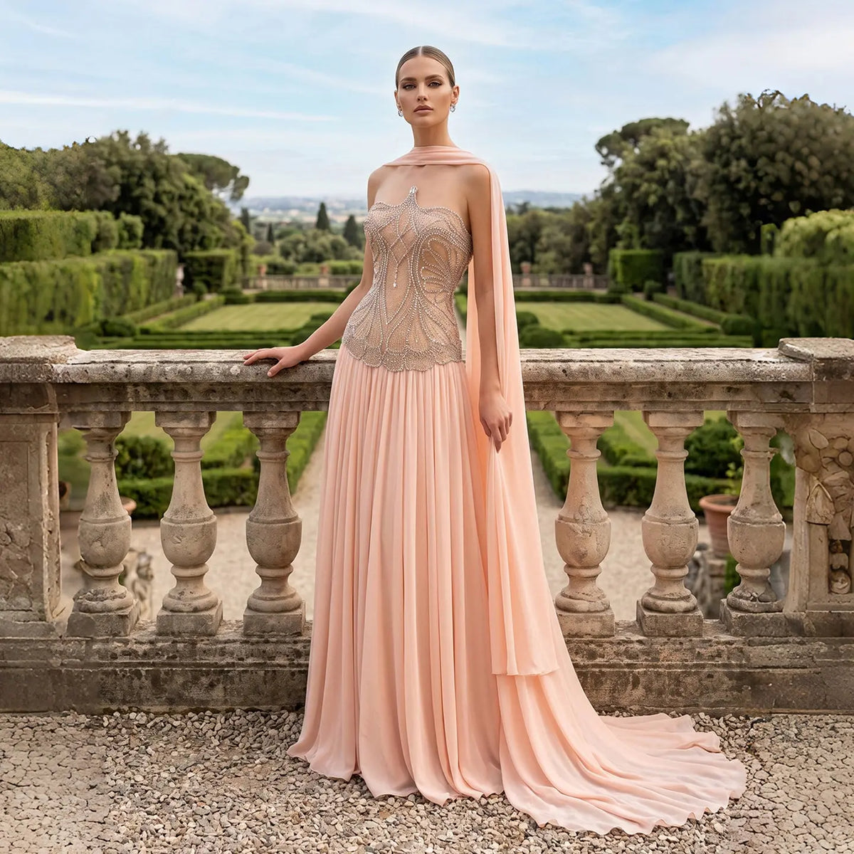 Blush Pink Strapless Corset Beaded Evening Dress SS203