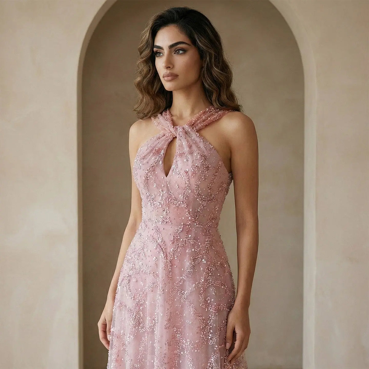 Luxury Gradient Pink Halter Neck Beaded Sequin Evening Dress SS709 