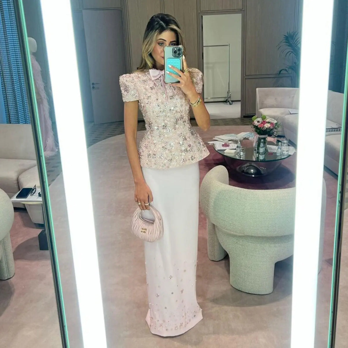 Luxury Pink Sequin Beaded Two-Piece Evening Dress SS547 
