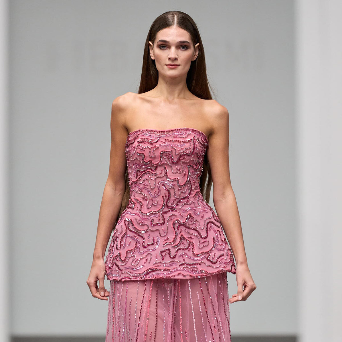 Elegant Rose Pink Crystal Sequin Two Pieces Evening Dress SS218 