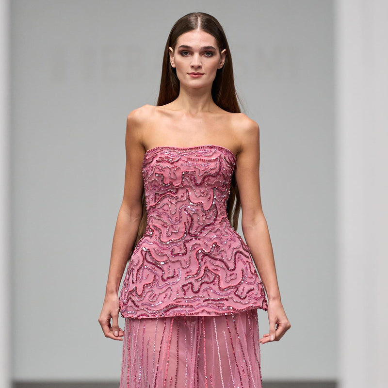 Elegant Rose Pink Crystal Sequin Two Pieces Evening Dress SS218 