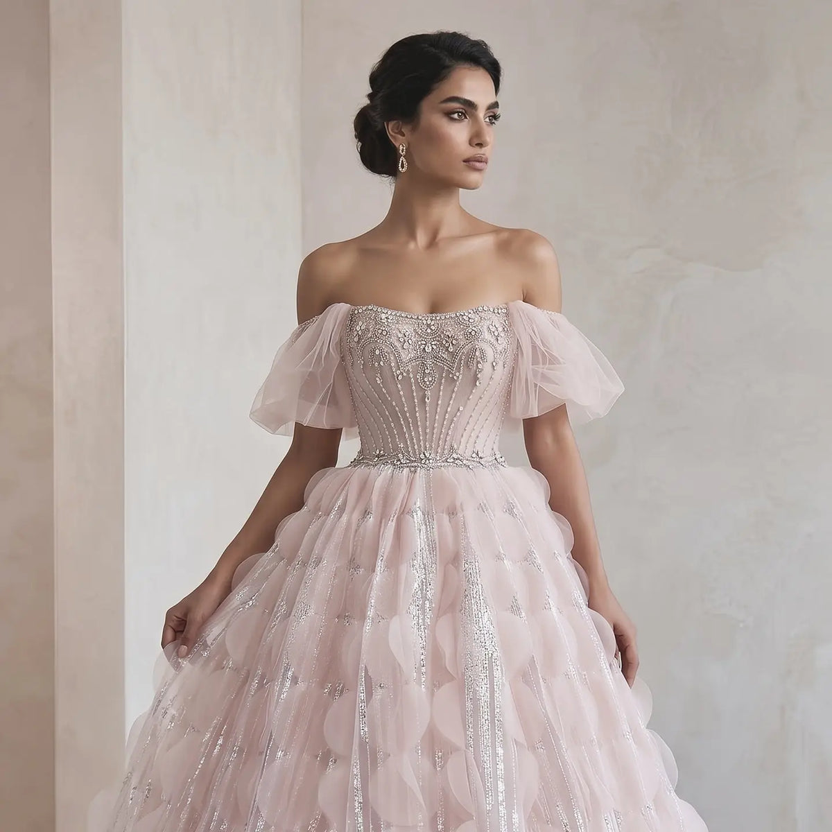 Luxury Crystal Ball Gown Blush Pink Ruffles Evening Dress SS733 