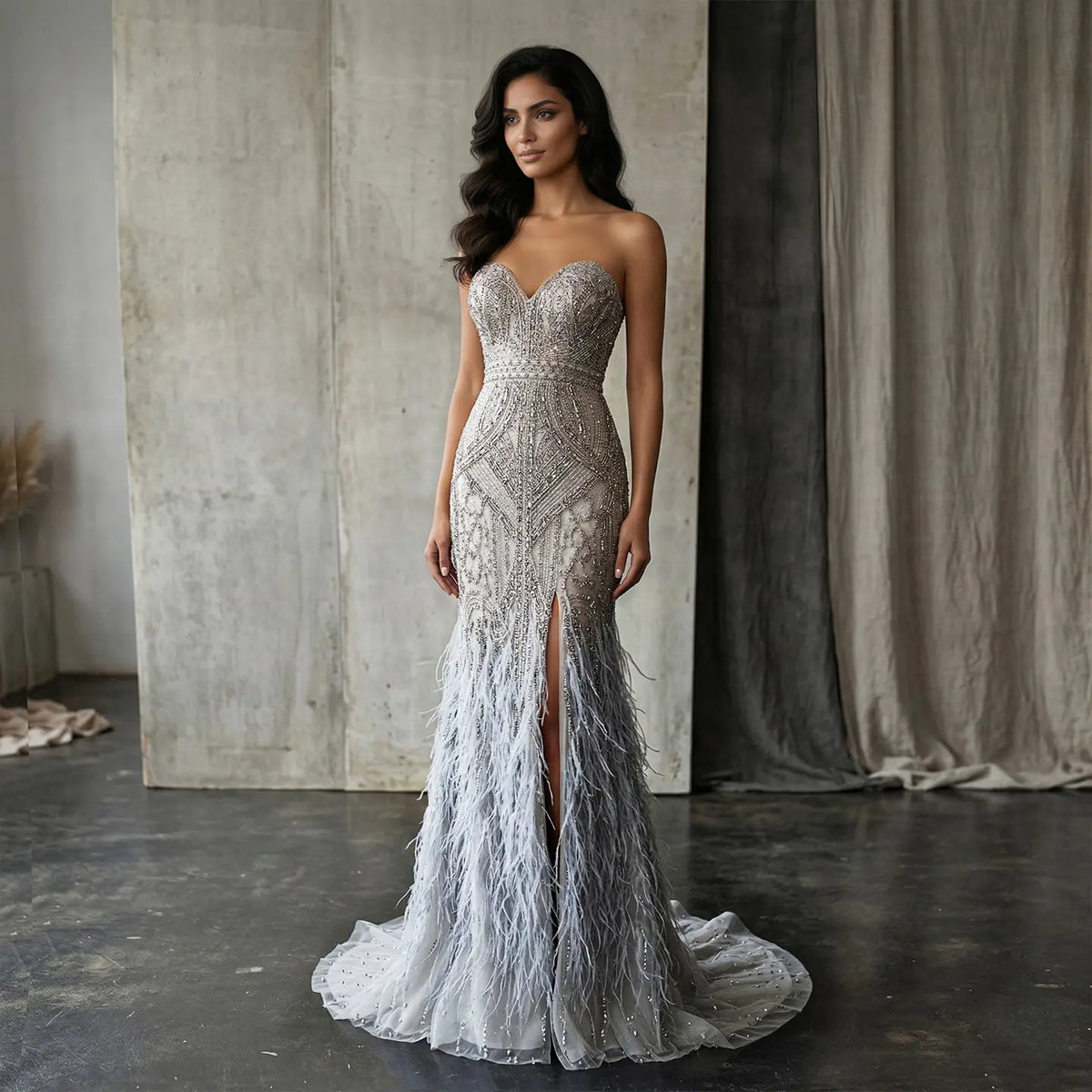 Elegant Silver Gray Strapless Beaded Feather Trim High Slit Evening Dress SS791 Elegant Silver Gray Strapless Beaded Feather Trim High Slit Evening Dress SS791