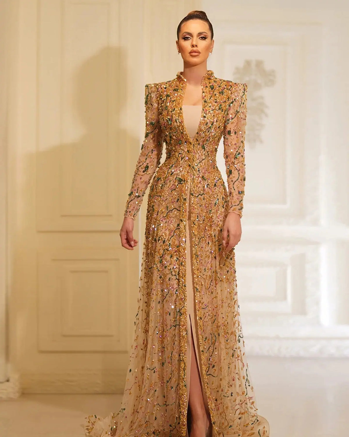 Gold Long Sleeve Sheer Evening Gown XD020-1
