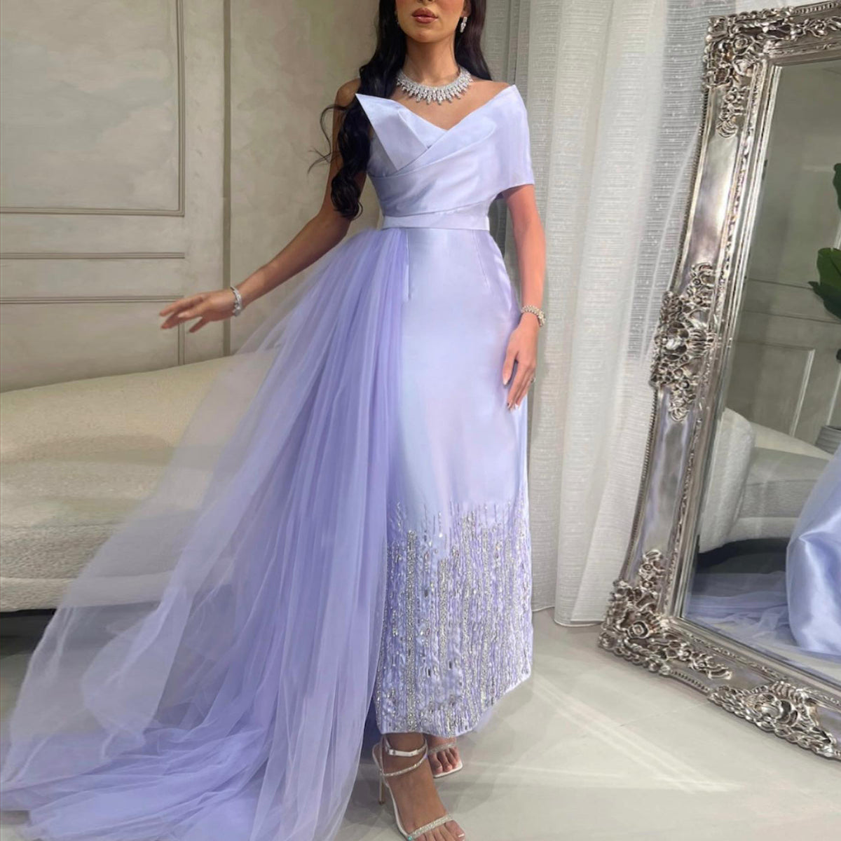 Sharon Said Luxus Dubai Eine Lila Schulter Abendkleid mit Überrock 2024 Arabische Frauen Salbei Grün Hochzeit Party Kleider SS405
