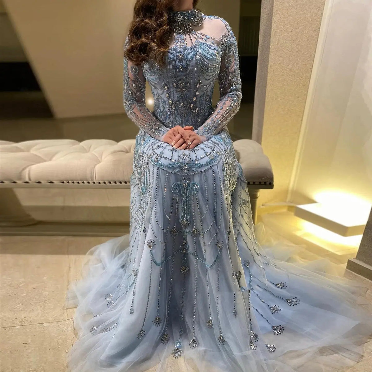 Luxury Blue Long Sleeves High Neck Evening Dress SS587 