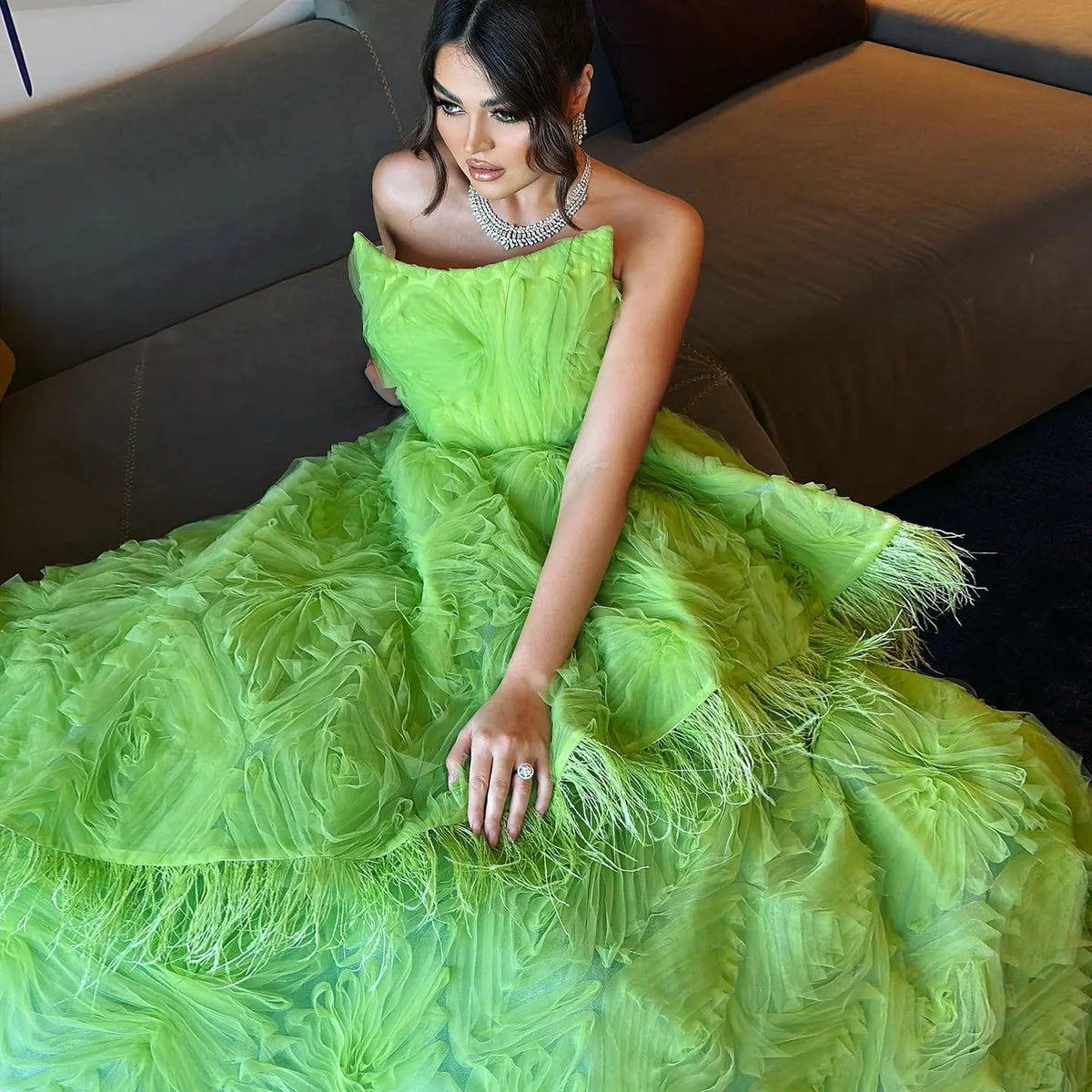 Final Sale Luxury Feather 3D Floral Lime Green Strapless Evening Dress SF034 Final Sale Luxury Feather 3D Floral Lime Green Strapless Evening Dress SF034