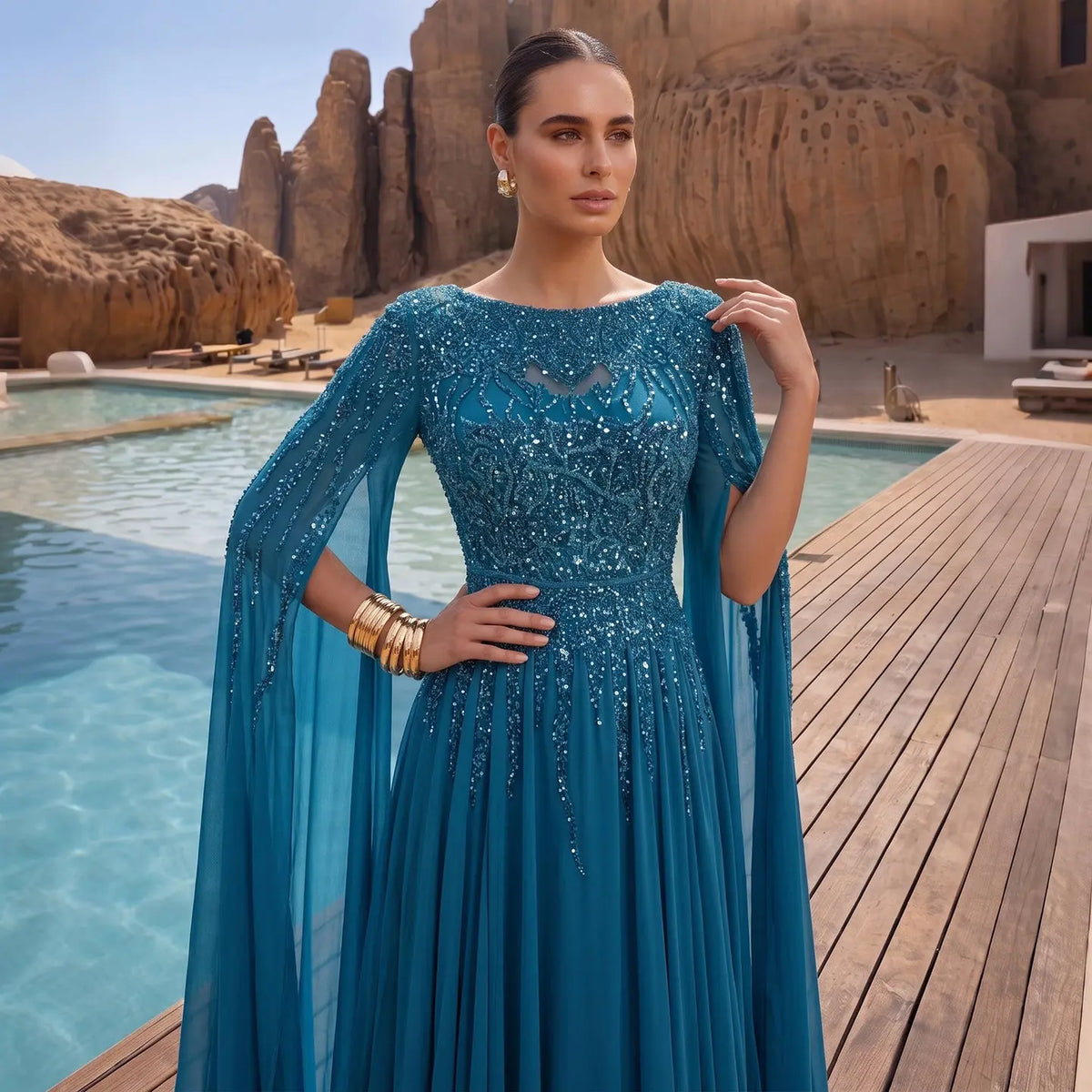 Peacock Blue Sequin Cape Sleeve Evening Dress SS105-9