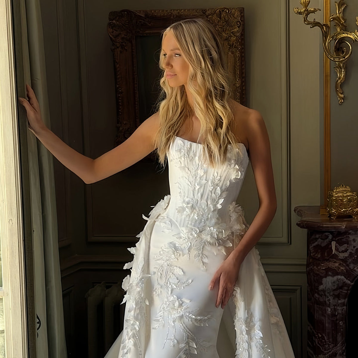 Romantic Strapless 3D Floral Lace Mermaid Wedding Dress with Overskirt SW222 