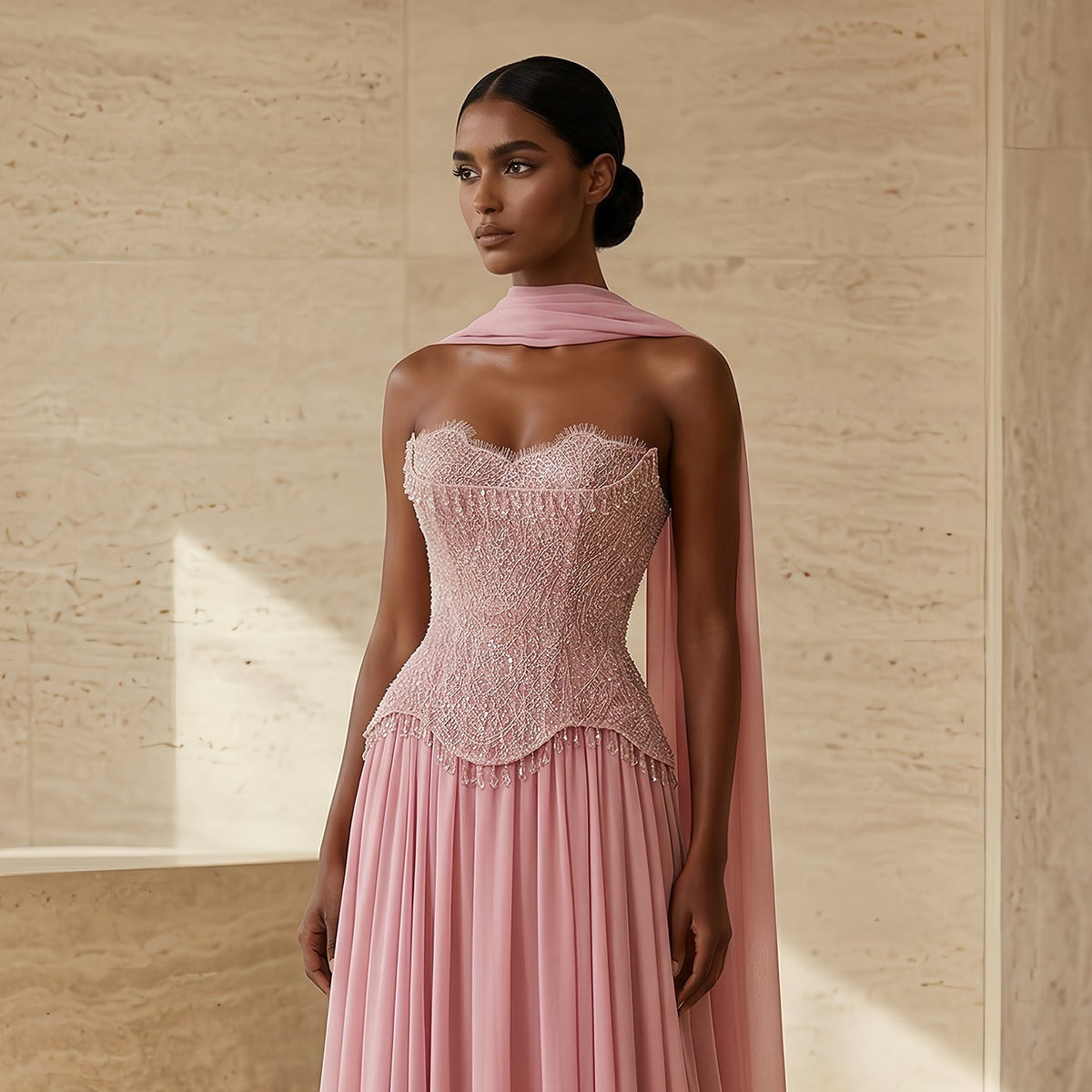 Elegant Pink Beaded Sweetheart Chiffon Evening Dress with Scarf SS434 