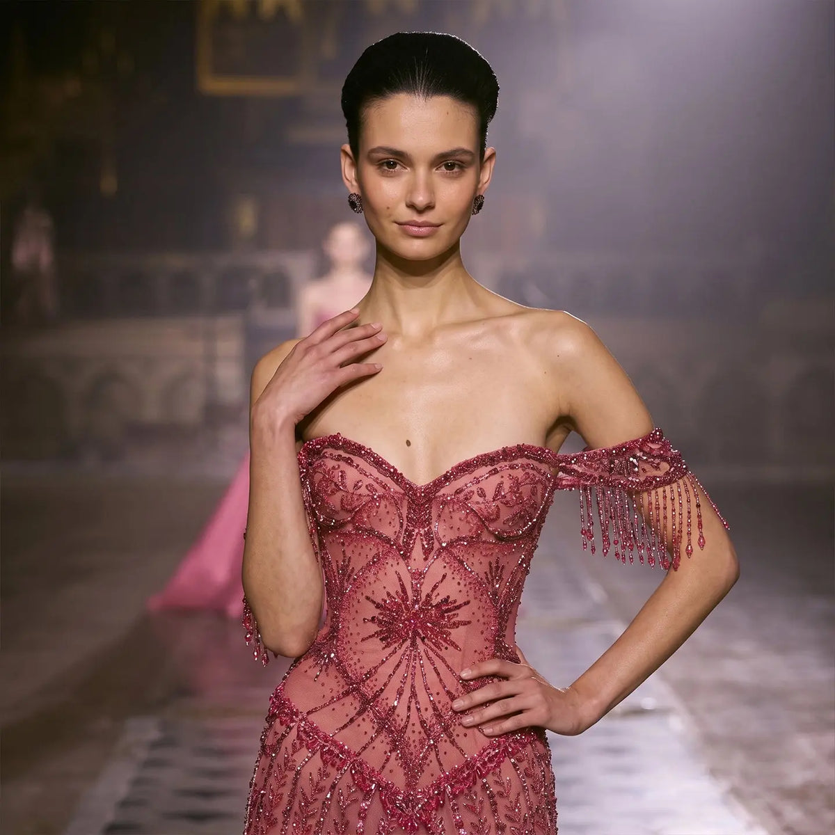 Fuchsia Beading Tassel Off-Shoulder Sleeves Evening Dresses SS516