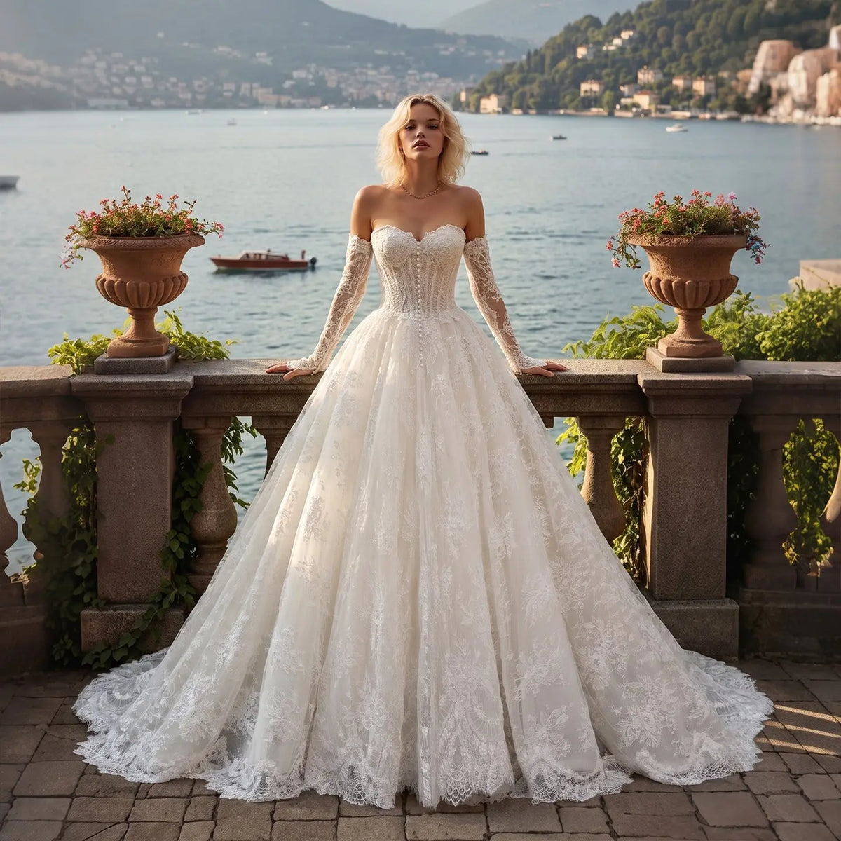 White Sweetheart Lace Ball Gown Long Sleeve Dress SW677