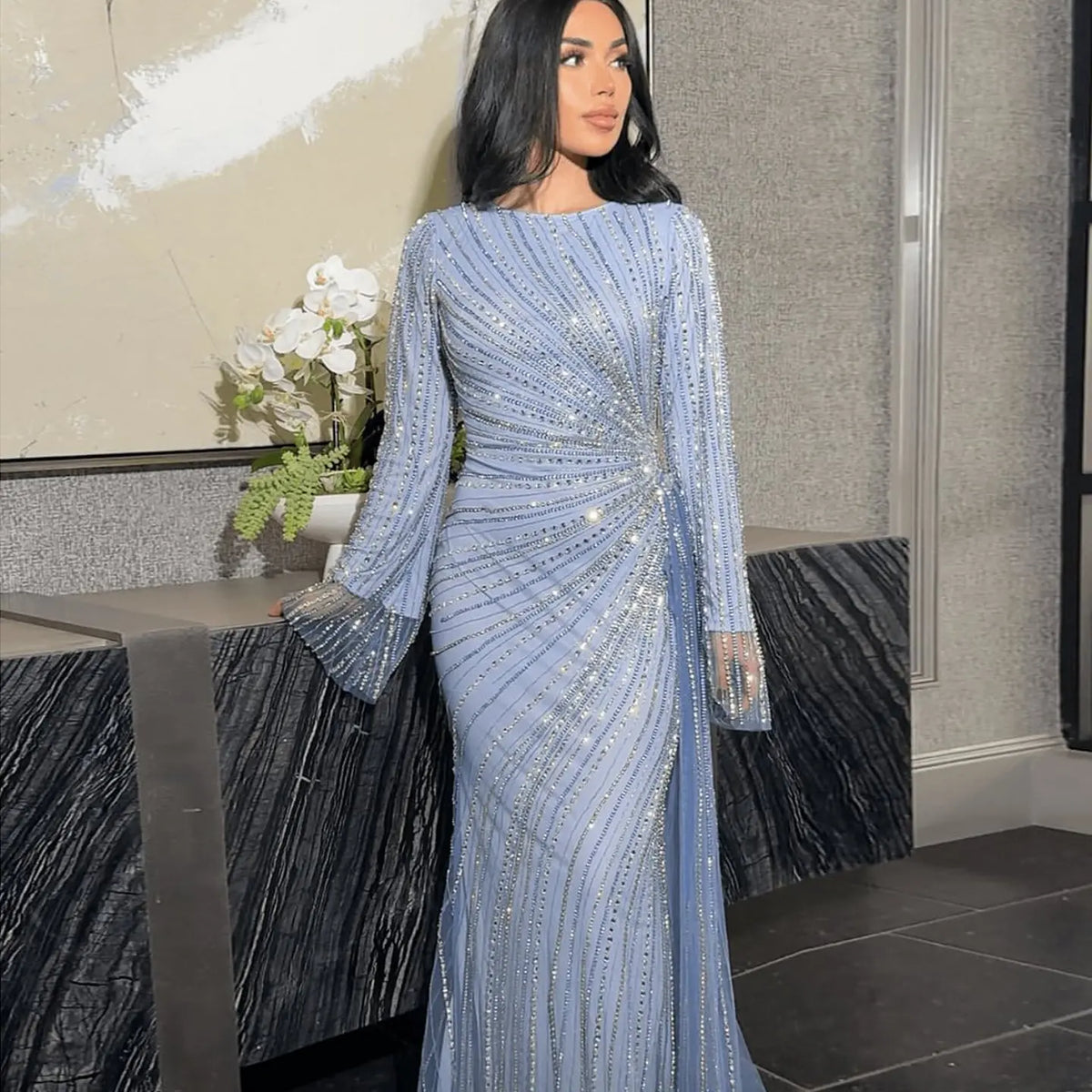 Luxury Beaded Gold Long Sleeves Evening Dress with Overskirt SS113 