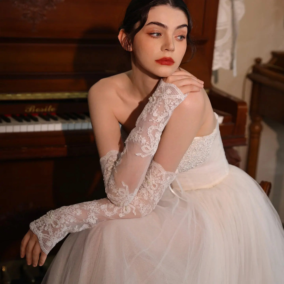 Elegant Ivory Lace Beaded Pearl Fingerless Long Bridal Gloves for Wedding Party GL005