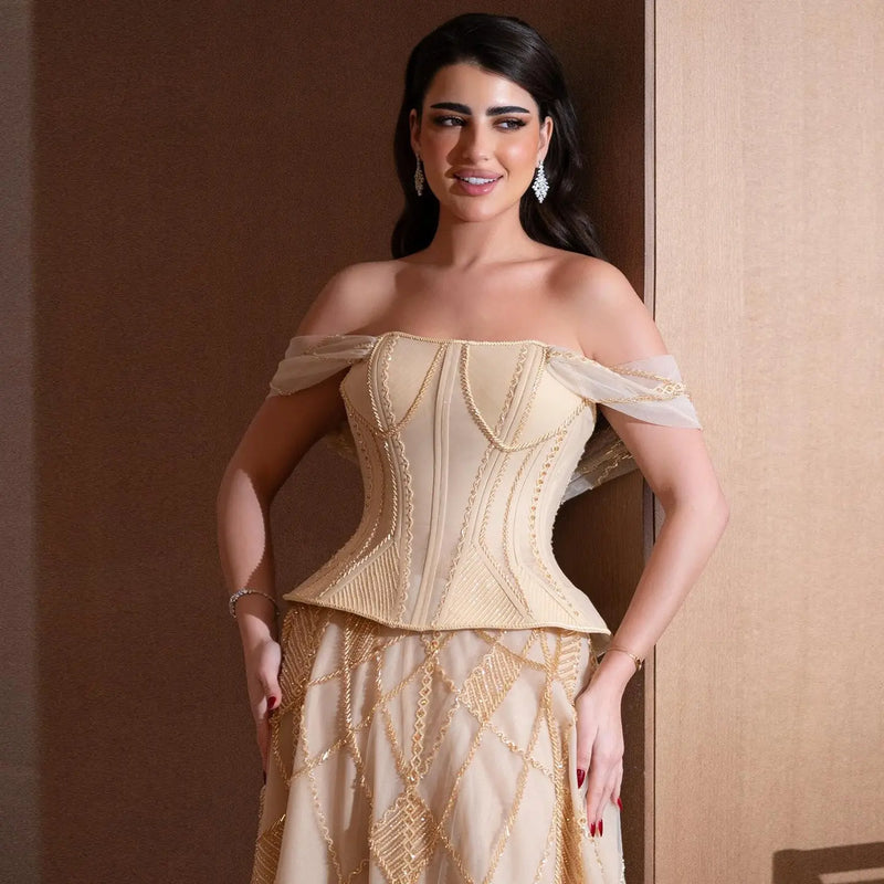 Luxury Yellow Sequin Beaded Off-the-Shoulder Corset Evening Dress SS516 