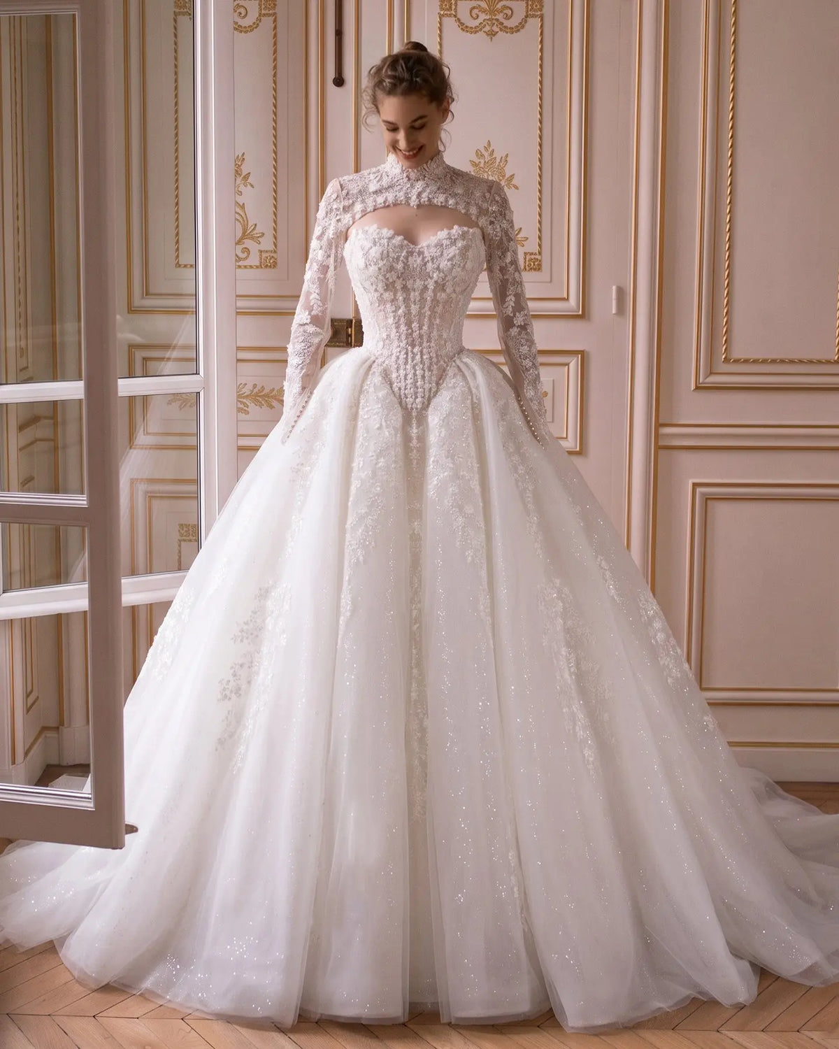 Off White Floral Lace High Neck Wedding Dress SW695-1