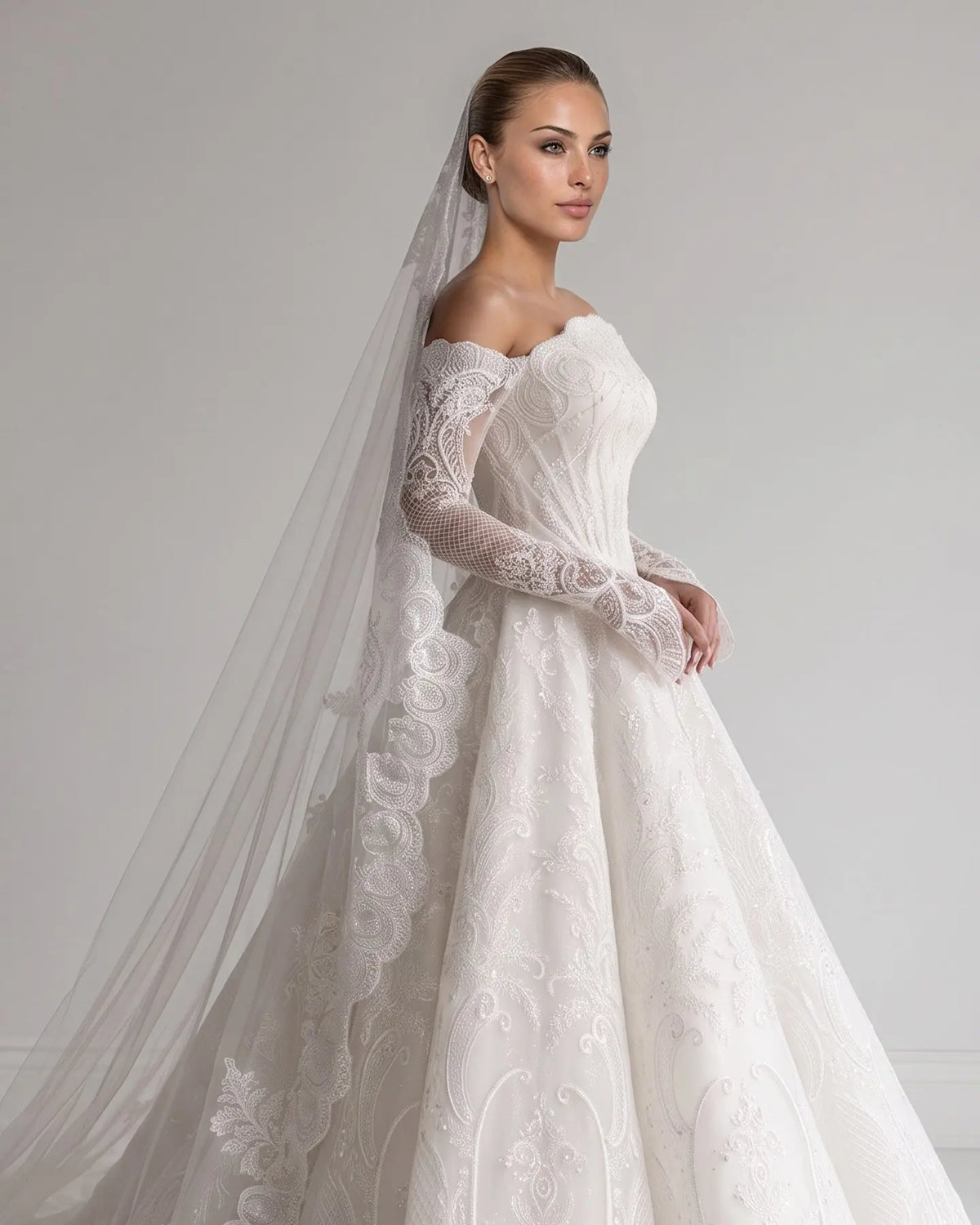 White Lace Long Sleeve Fitted Wedding Dress SW524